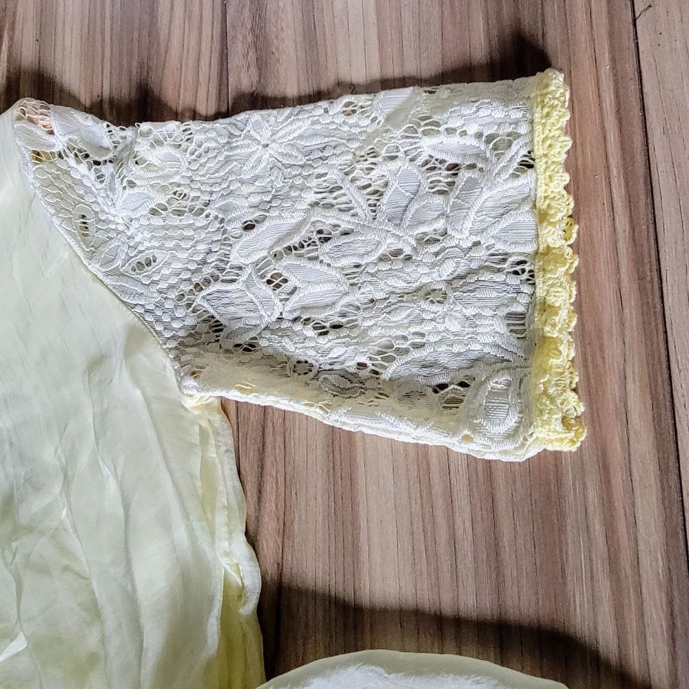 Made in Italy Peplum Lace Crochet Organza Silk Half Sleeve Yellow Blouse - Picture 5 of 13